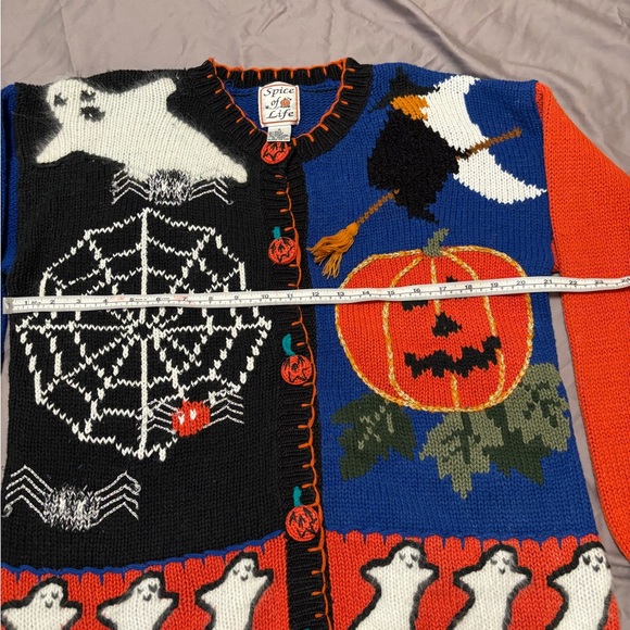 Vinatge Halloween Cardigan Sweater Ghost Pumpkin Witch Spider Web Button Up - Picture 8 of 11